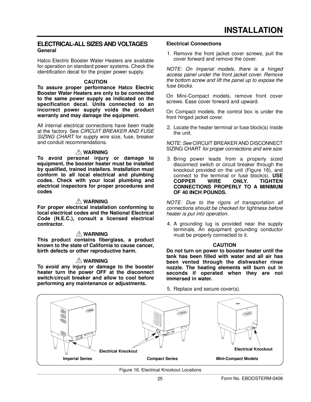 Hatco IMPERIAL S manual ELECTRICAL-ALL Sizes and Voltages, General 