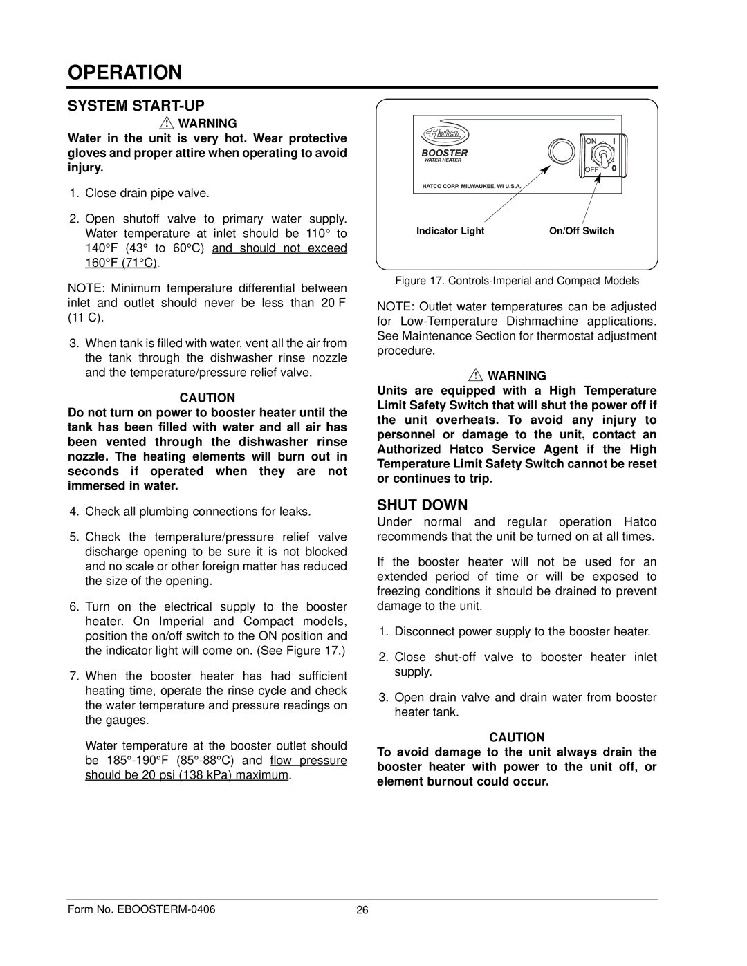 Hatco IMPERIAL S manual Operation, System START-UP, Shut Down 