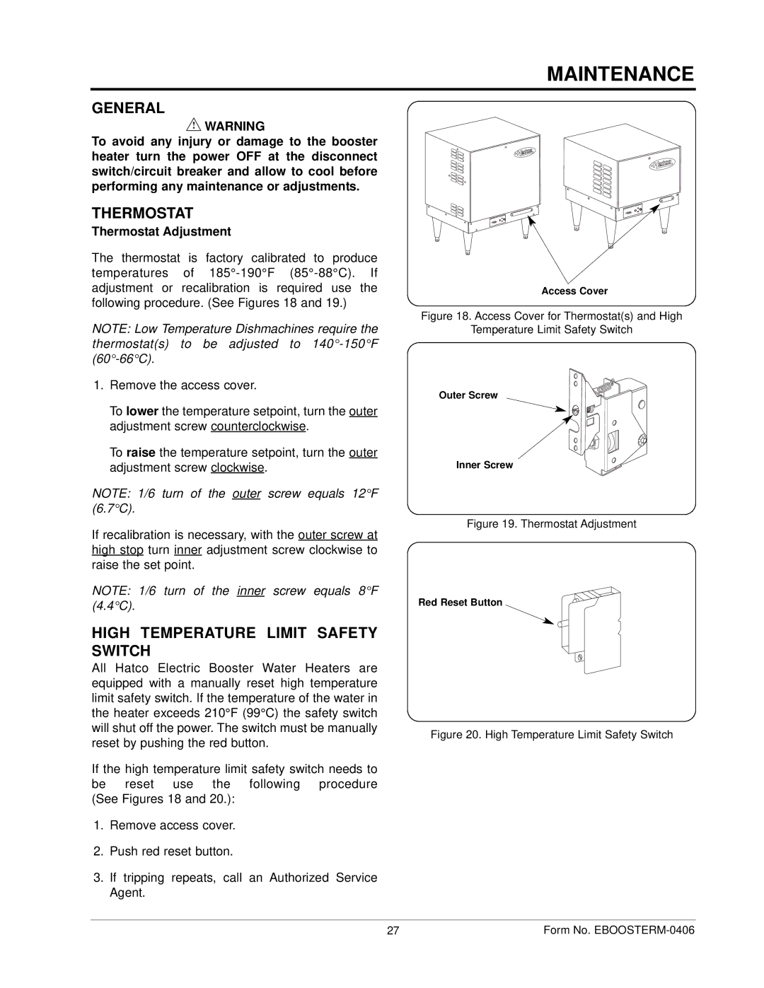 Hatco IMPERIAL S manual Maintenance, General, High Temperature Limit Safety Switch, Thermostat Adjustment 