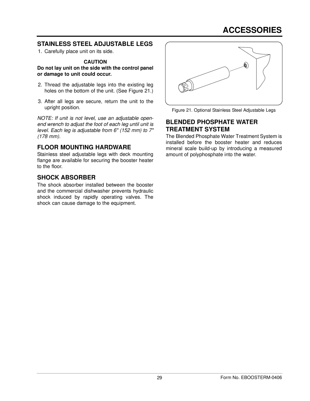 Hatco IMPERIAL S manual Accessories, Stainless Steel Adjustable Legs, Floor Mounting Hardware, Shock Absorber 