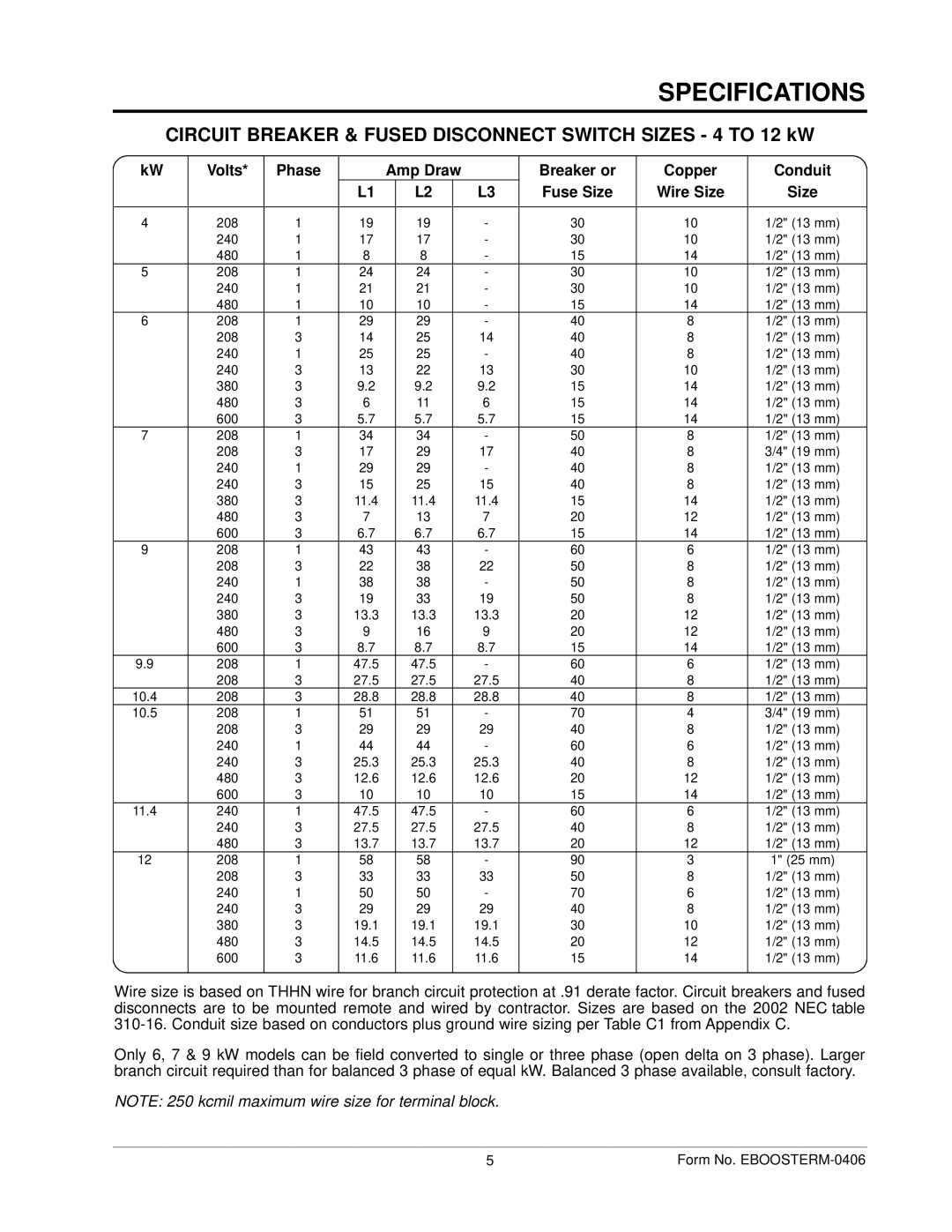 Hatco IMPERIAL "S manual Specifications, Circuit Breaker & Fused Disconnect Switch Sizes 4 to 12 kW 