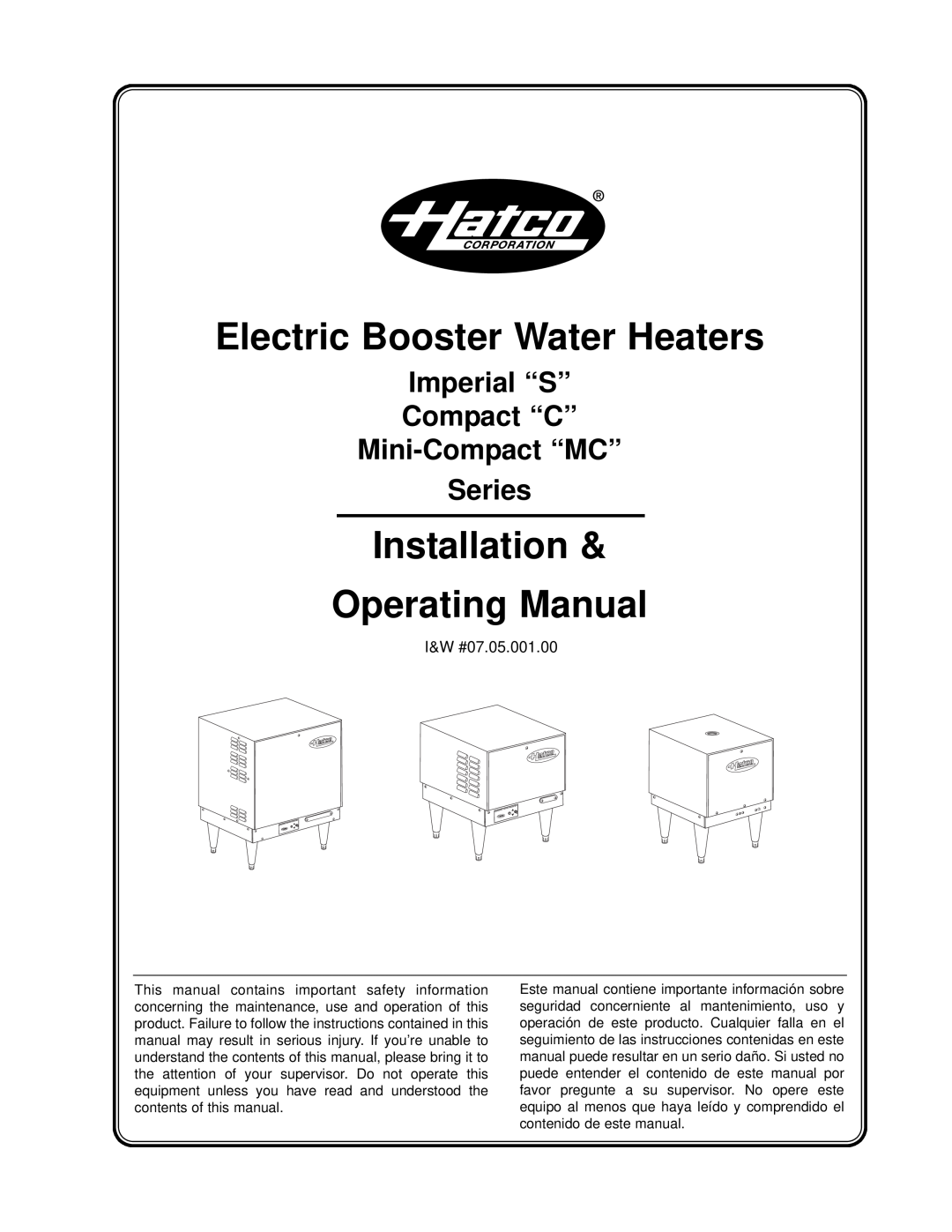 Hatco IMPERIAL "S manual Electric Booster Water Heaters, Installation & Operating Manual 