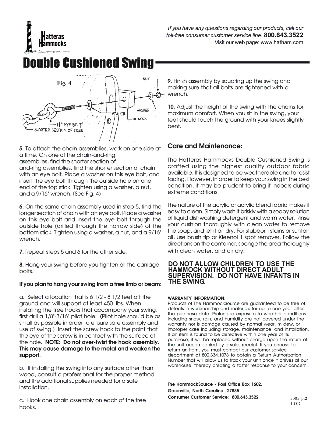 Hatteras Hammocks none instruction sheet Care and Maintenance, Warranty Information 