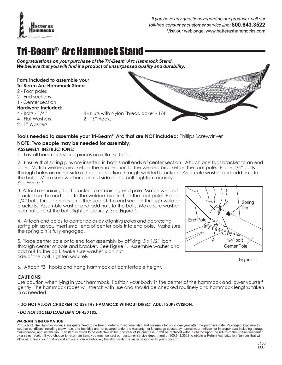 Hatteras Hammocks warranty Tri-BeamArc Hammock Stand, Assembly Instructions, See Figure, Warranty Information 