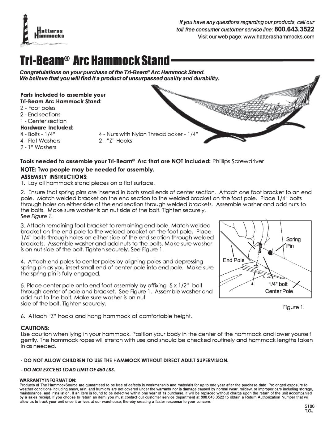 Hatteras Hammocks warranty Tri-Beam Arc Hammock Stand, NOTE Two people may be needed for assembly, Hardware Included 