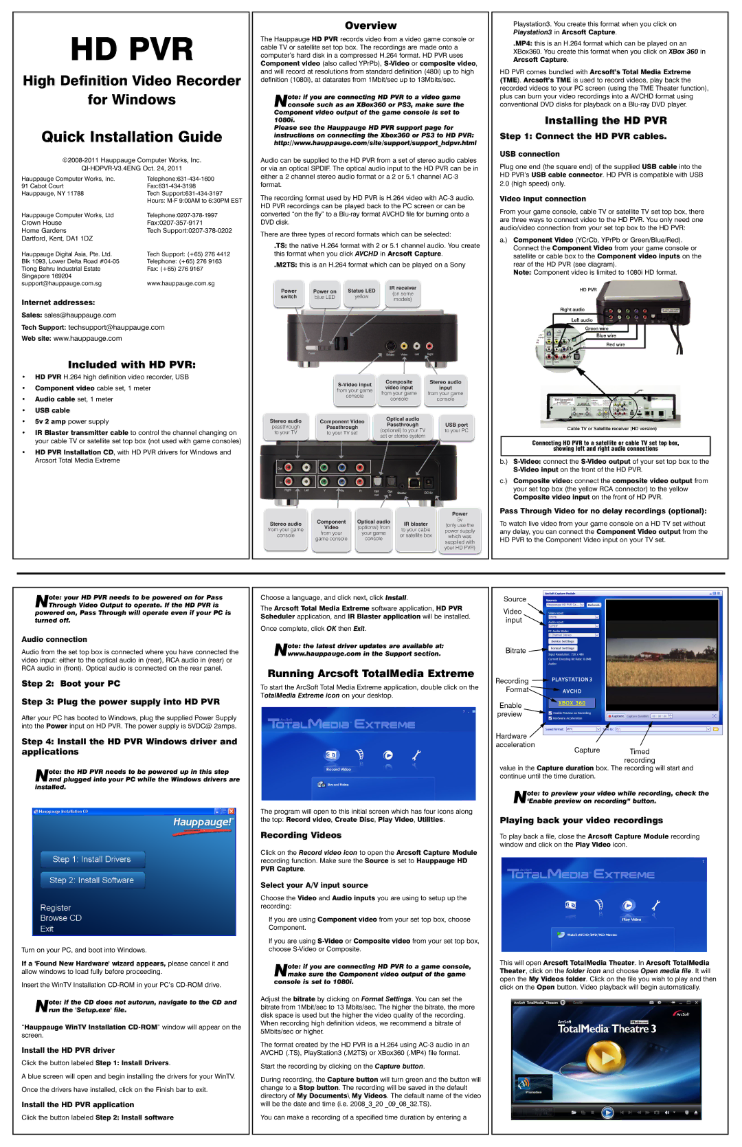 Hauppauge 1212 manual Included with HD PVR, Overview, Installing the HD PVR, Running Arcsoft TotalMedia Extreme 