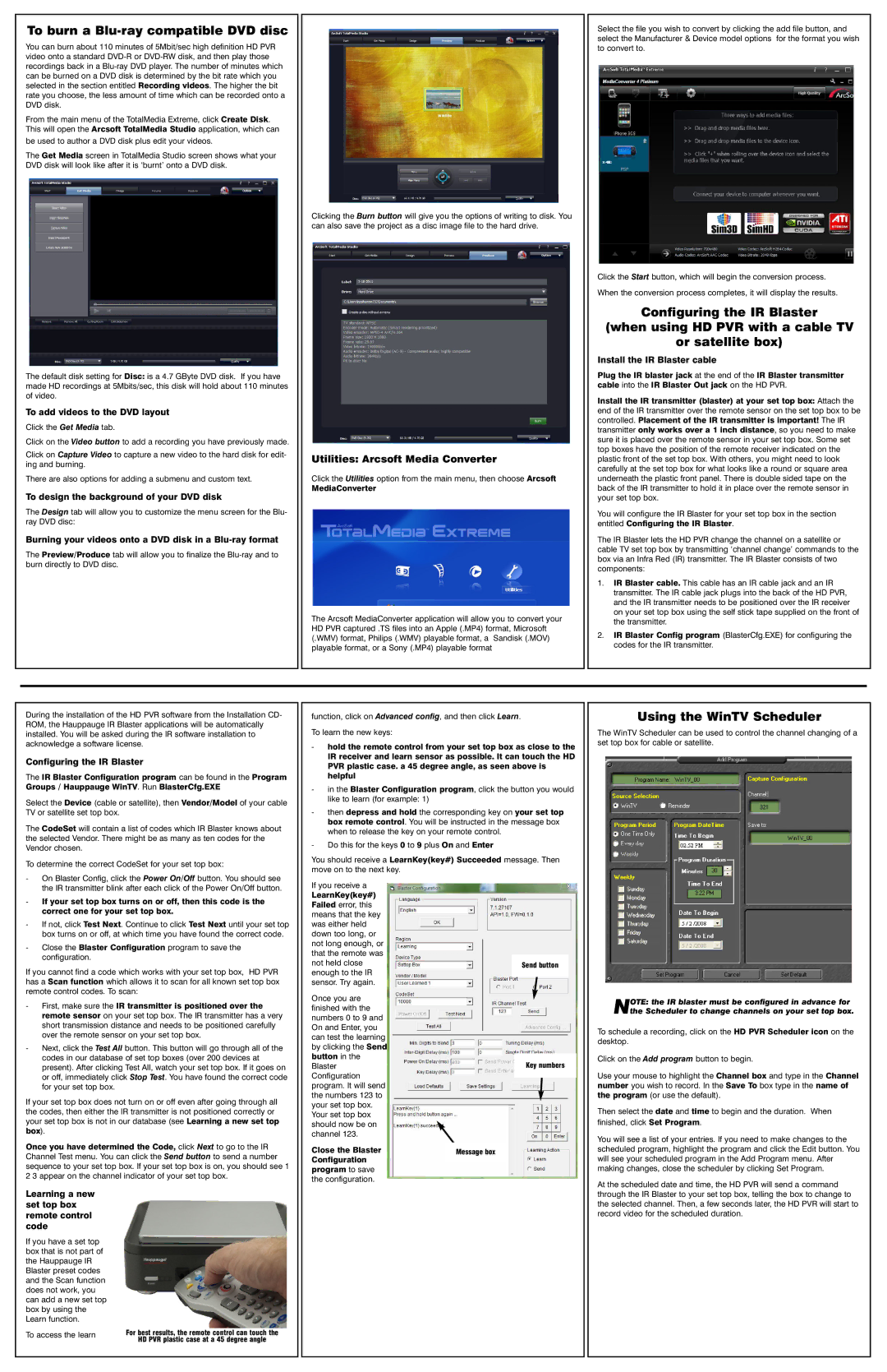 Hauppauge 1212 manual To burn a Blu-ray compatible DVD disc, Using the WinTV Scheduler, Utilities Arcsoft Media Converter 