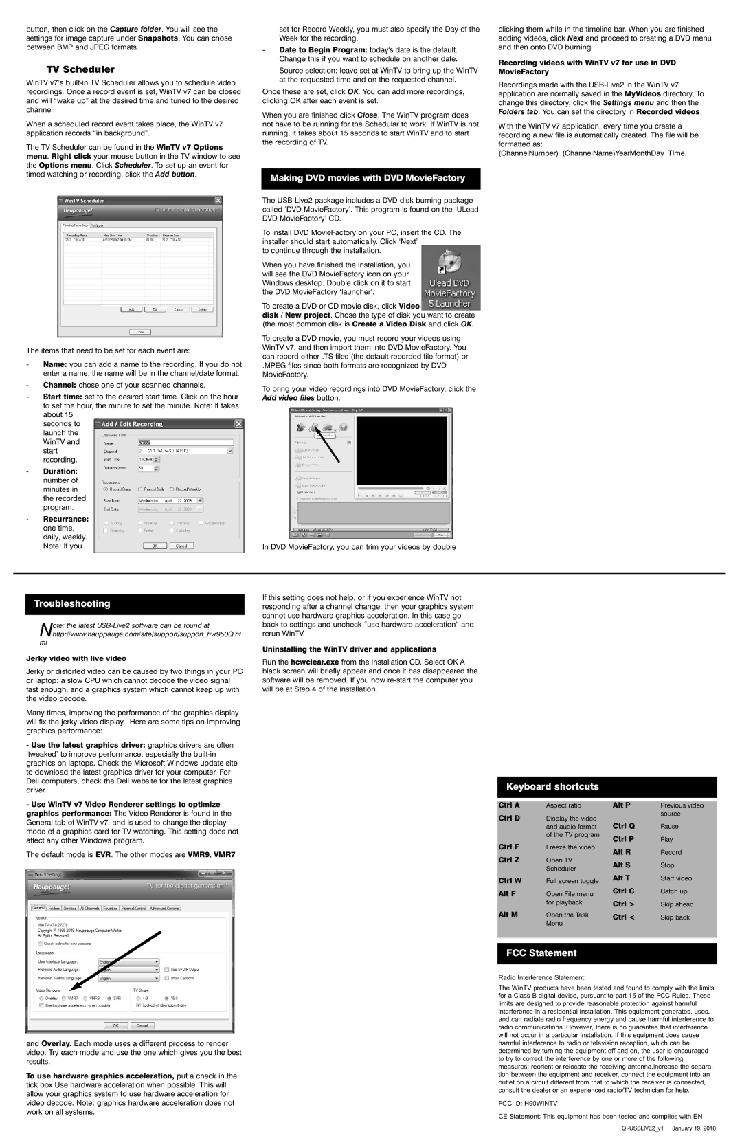 Hauppauge 610 manual Making DVD movies with DVD MovieFactory, Troubleshooting, Keyboard shortcuts, FCC Statement 