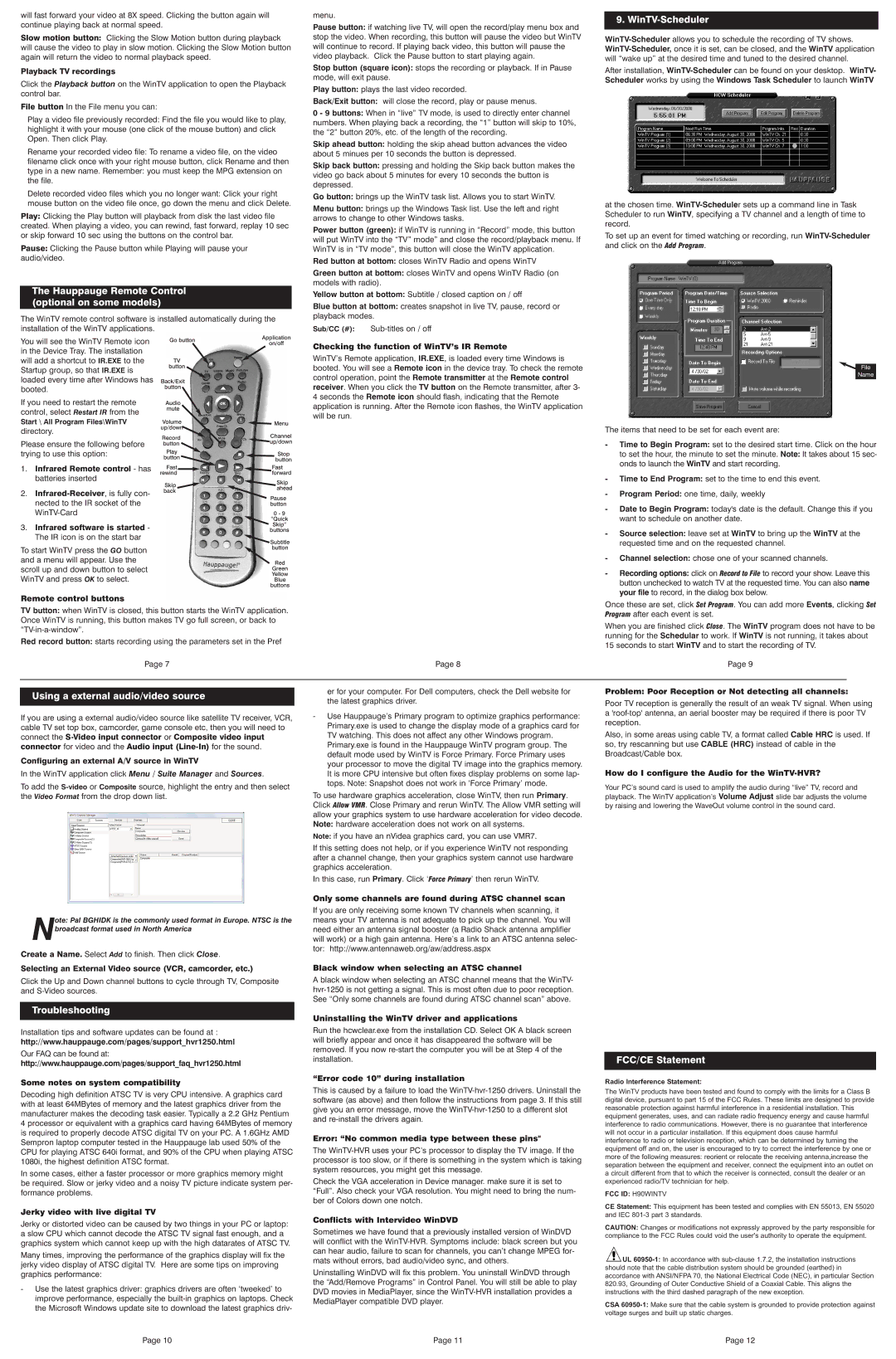 Hauppauge WINTV-HVR-1250 manual Hauppauge Remote Control optional on some models, WinTV-Scheduler, Troubleshooting 