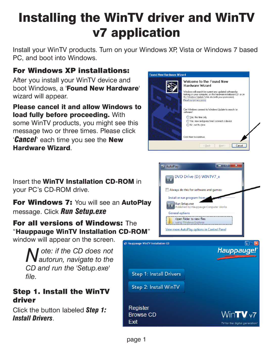 Hauppauge WinTV HVR-1800 manual Installing the WinTV driver and WinTV V7 application, For Windows XP installations 