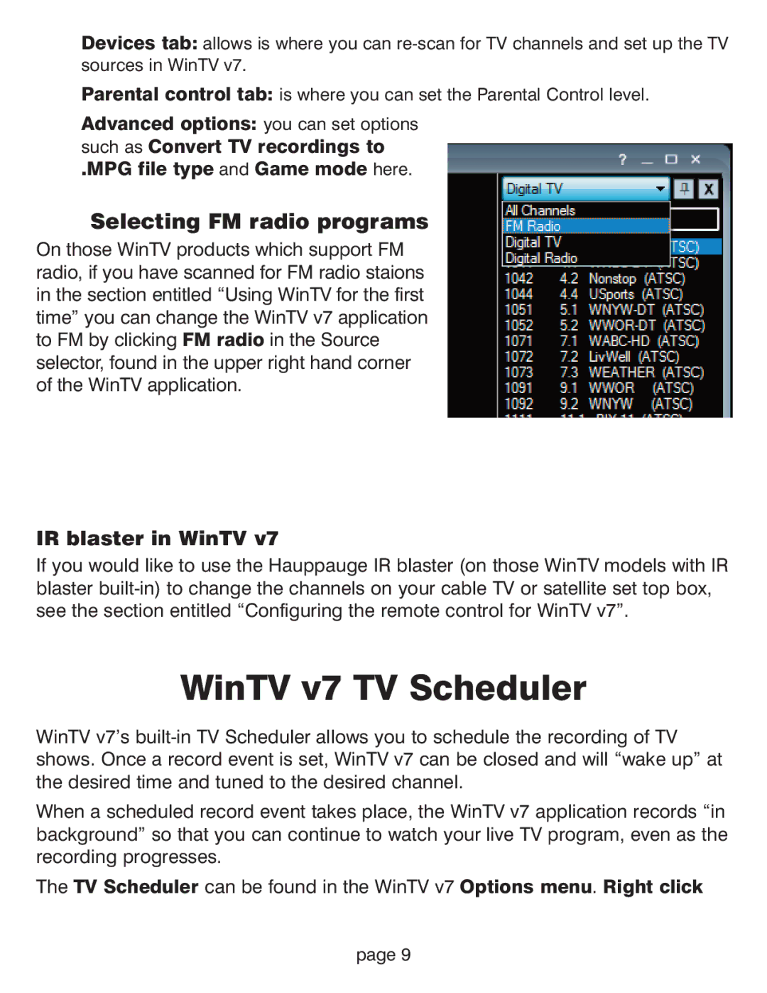 Hauppauge WinTV HVR-1800 manual WinTV v7 TV Scheduler, Selecting FM radio programs, IR blaster in WinTV 