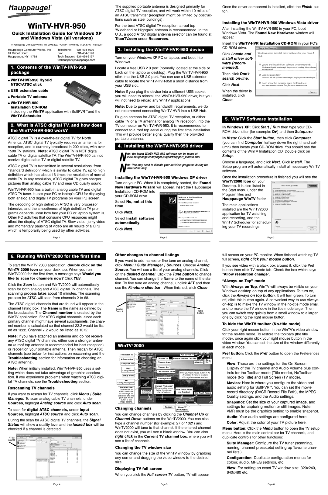 Hauppauge manual Contents of the WinTV-HVR-950 package, Running WinTV2000 for the first time 