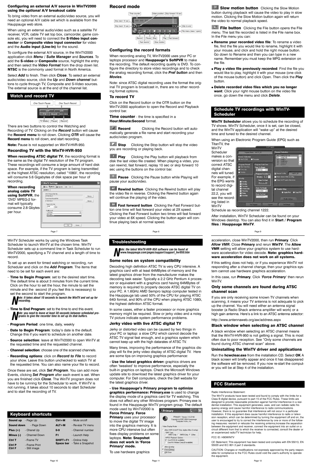 Hauppauge WinTV-HVR-950 manual Watch and record TV, Keyboard shortcuts, Troubleshooting, FCC Statement 