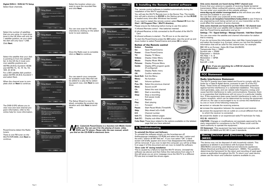 Hauppauge WinTV-NOVA-HD-S2, WinTV-HVR-4000 manual Installing the Remote Control software, Troubleshooting, FCC Statement 