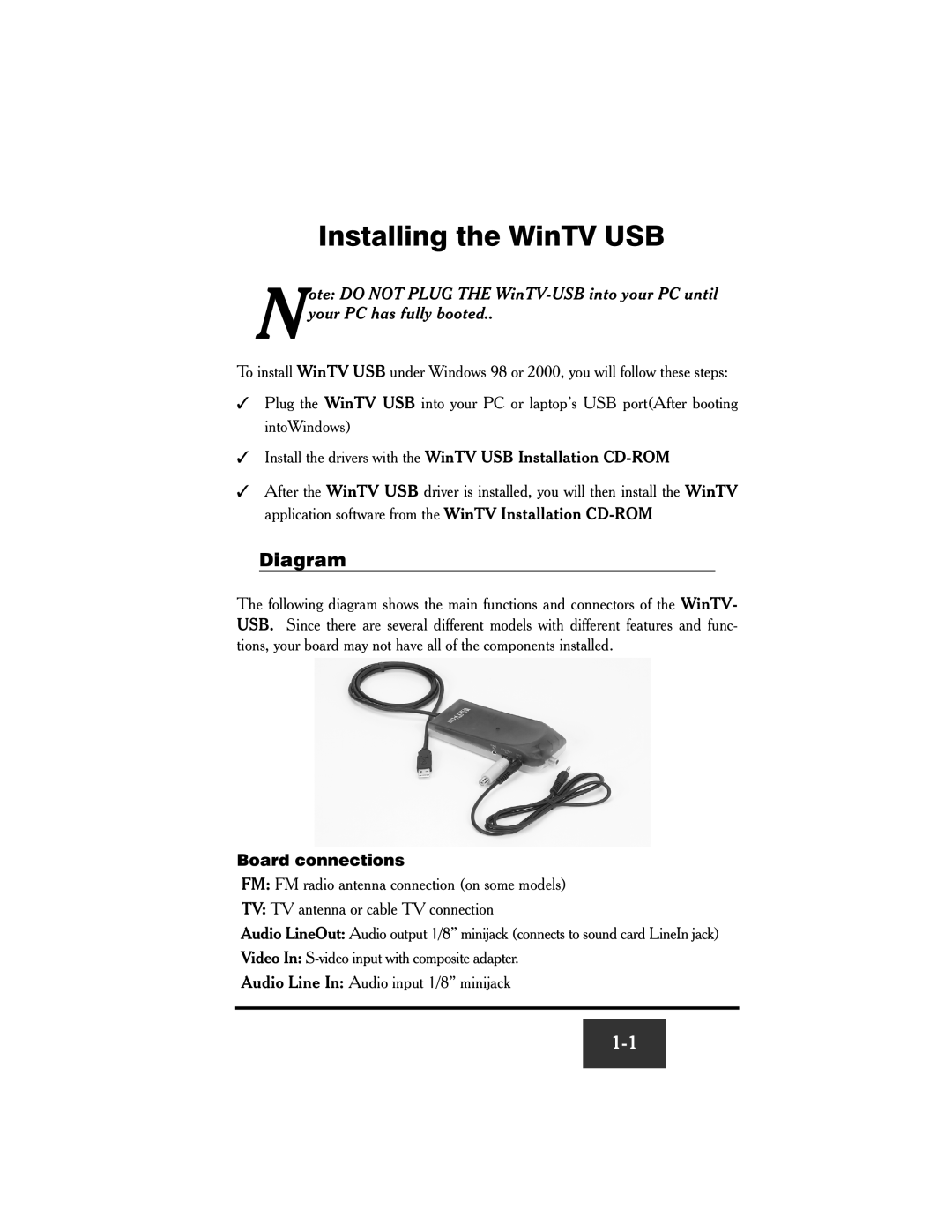 Hauppauge WinTV-USB FM manual Installing the WinTV USB, Diagram, Board connections 