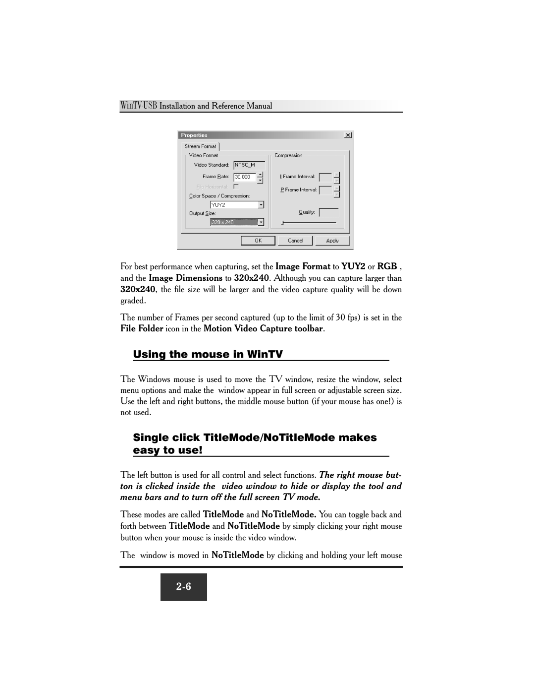 Hauppauge WinTV-USB FM manual Using the mouse in WinTV, Single click TitleMode/NoTitleMode makes easy to use 