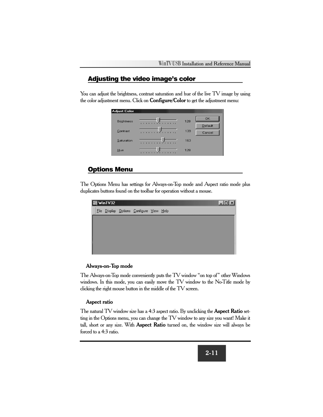 Hauppauge WinTV-USB FM manual Adjusting the video image’s color, Options Menu 