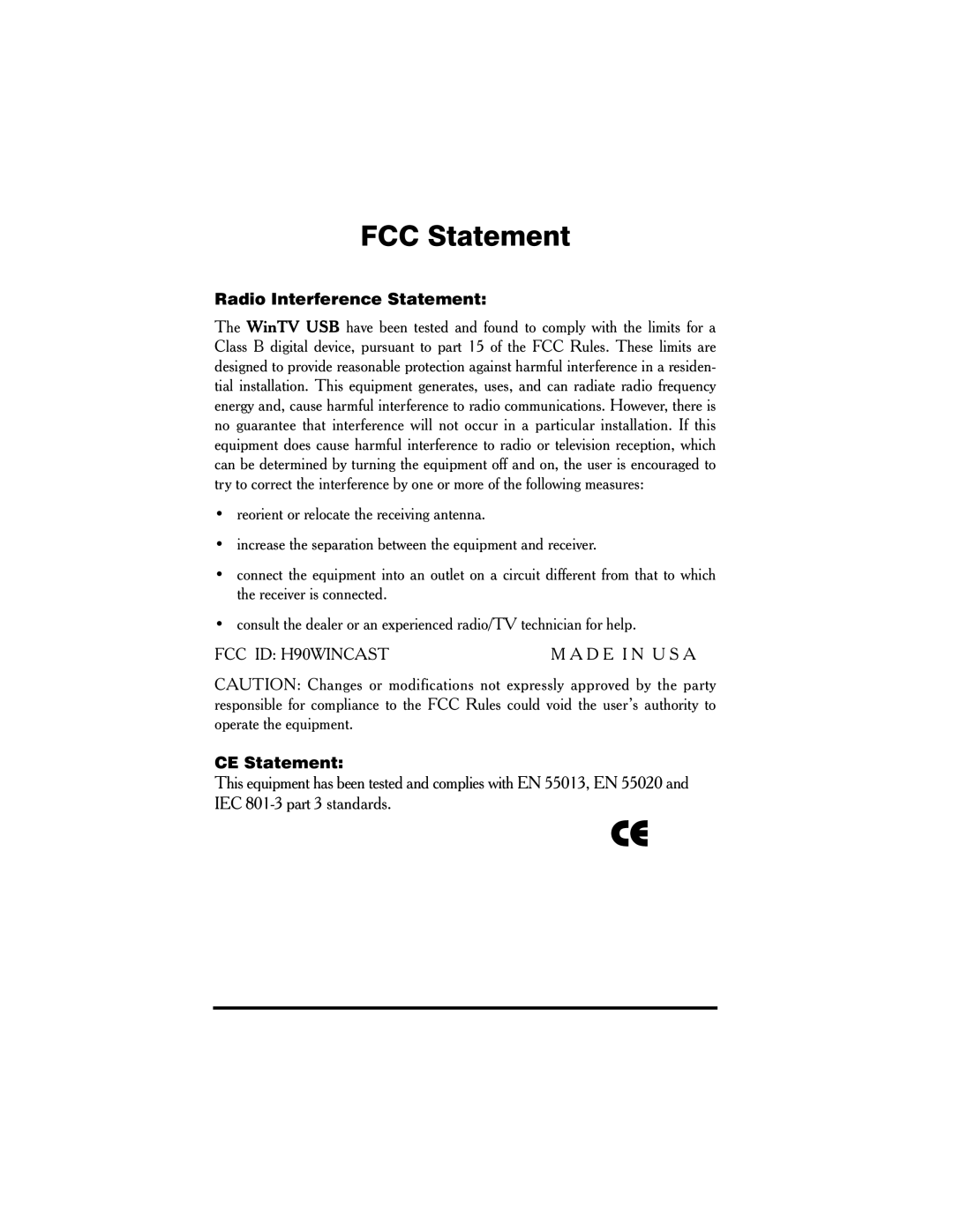 Hauppauge WinTV-USB FM manual FCC Statement, Radio Interference Statement, CE Statement 