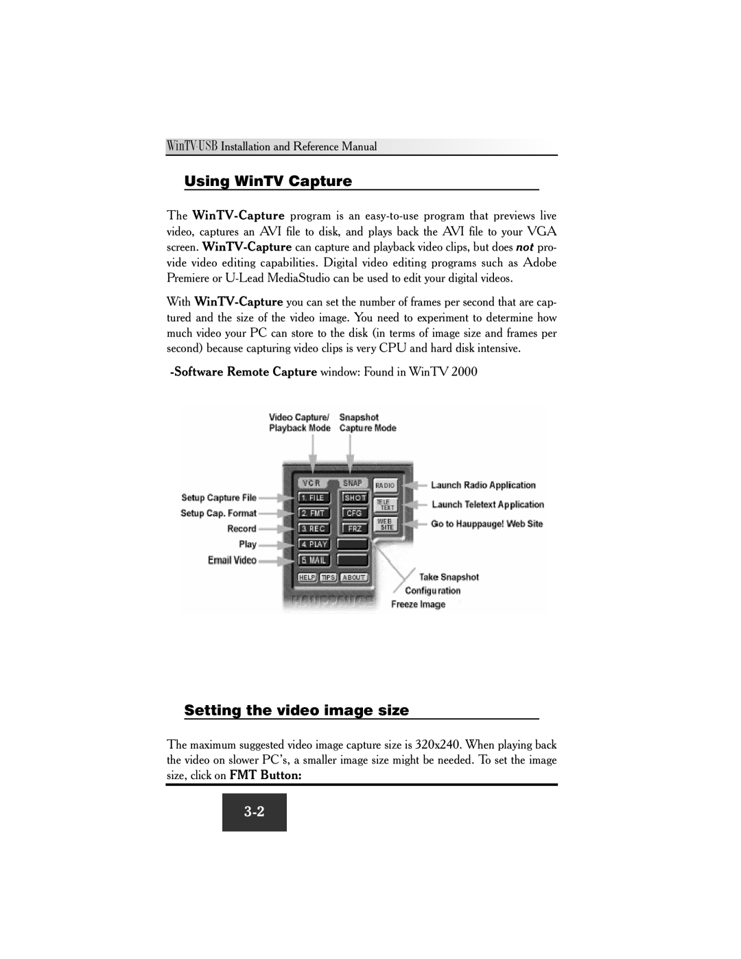 Hauppauge WinTV-USB FM manual Using WinTV Capture, Setting the video image size 