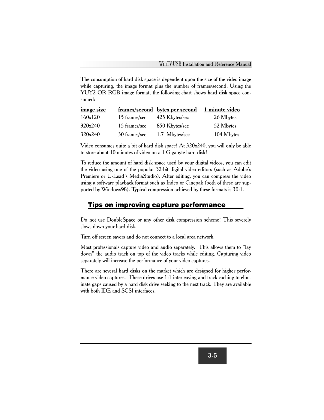 Hauppauge WinTV-USB FM manual Tips on improving capture performance, Image size Frames/second Bytes per second 