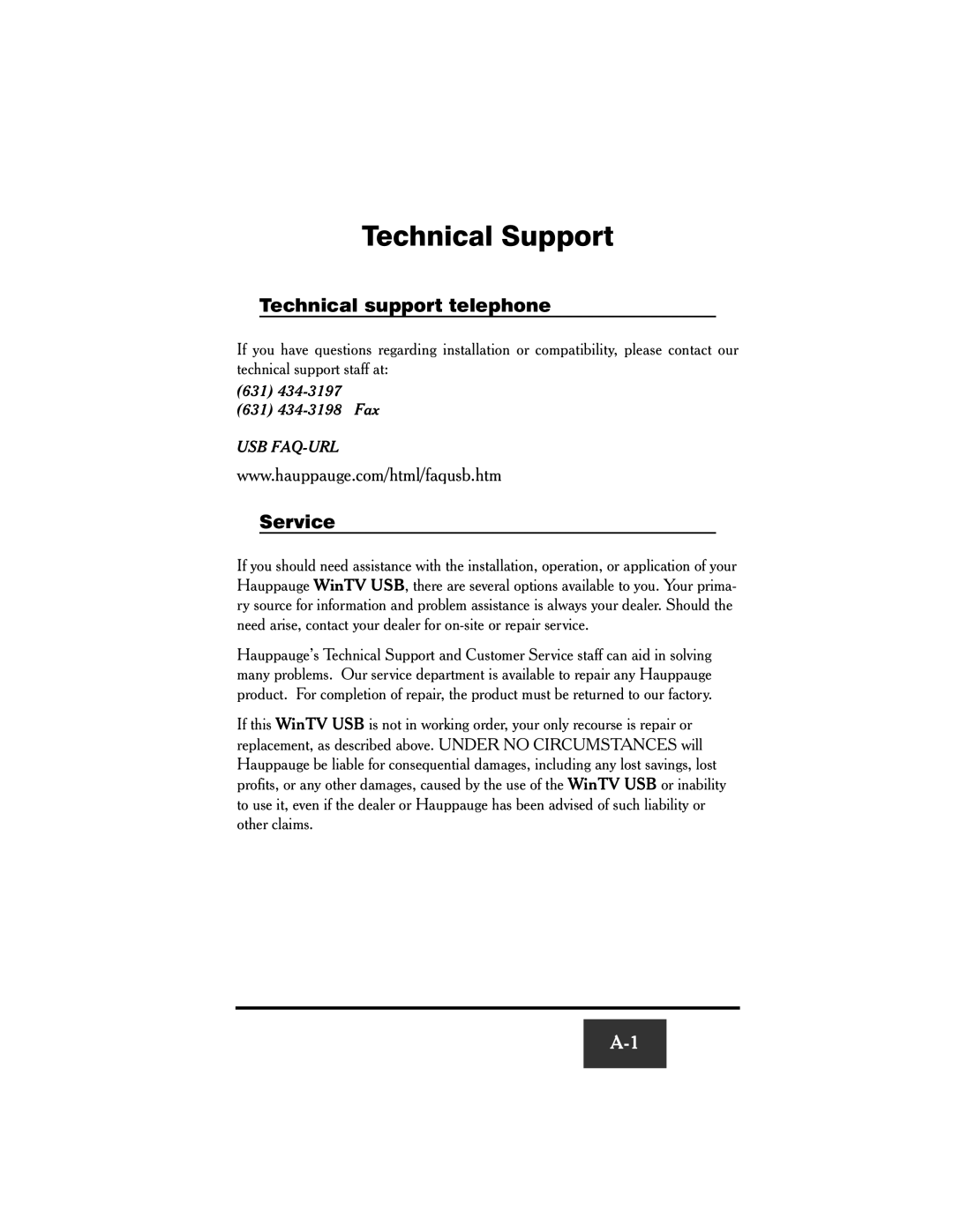 Hauppauge WinTV-USB FM manual Technical Support, Technical support telephone, Service 