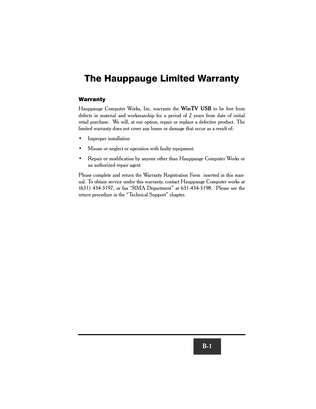 Hauppauge WinTV-USB FM manual Hauppauge Limited Warranty 