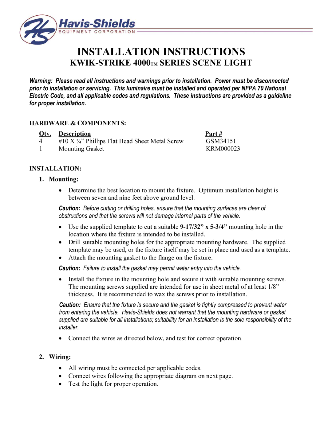 Havis-Shields 4000 Series installation instructions Hardware & Components, Qty Description, Installation, Mounting, Wiring 