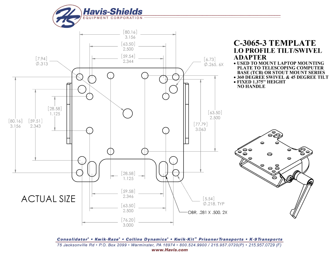 Havis-Shields C-3065-3 manual Actual Size, Template, LO Profile TILT/SWIVEL Adapter 