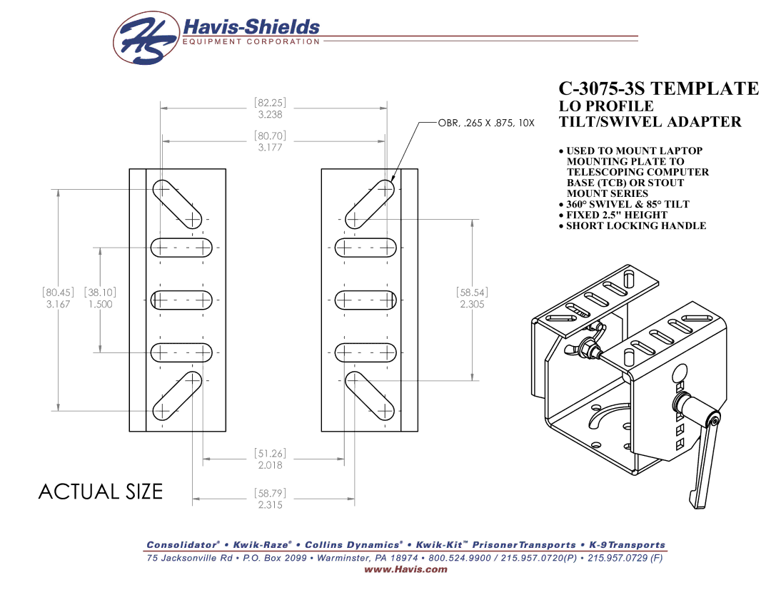 Havis-Shields C-3075-3S manual Actual Size, 3075-3S Template, LO Profile 