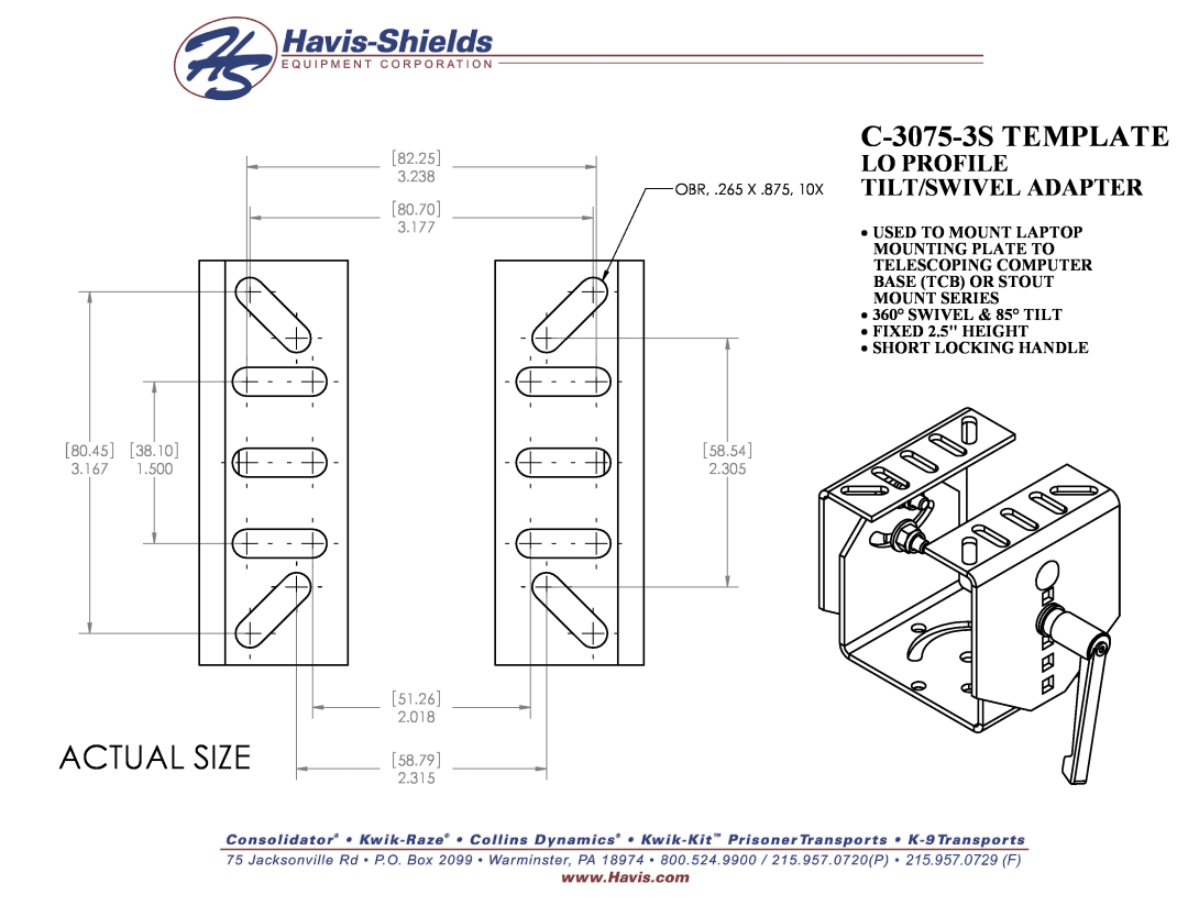 Havis-Shields manual Actual Size, C-3075-3S TEMPLATE, Lo Profile, Short Locking Handle, 80.45, 38.10, 3.167, 1.500 