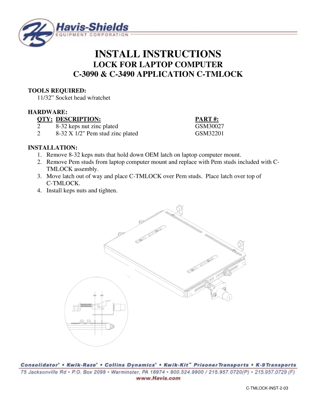 Havis-Shields C-3090 manual Install Instructions, Lock for Laptop Computer 3090 & C-3490 Application C-TMLOCK 