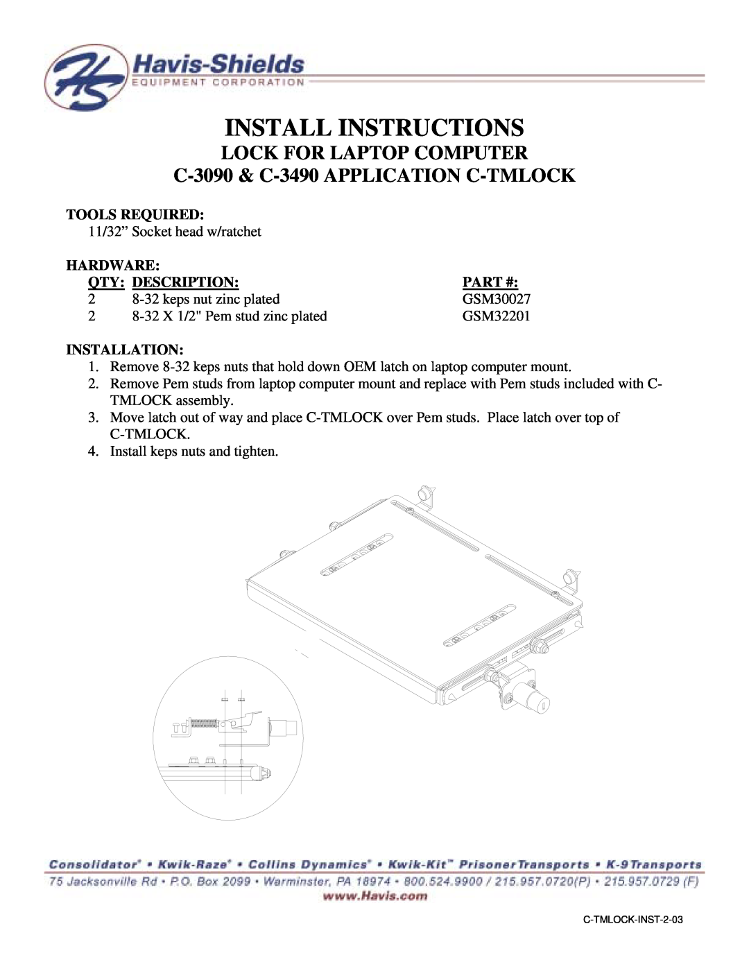 Havis-Shields manual Install Instructions, LOCK FOR LAPTOP COMPUTER C-3090 & C-3490 APPLICATION C-TMLOCK, Hardware 