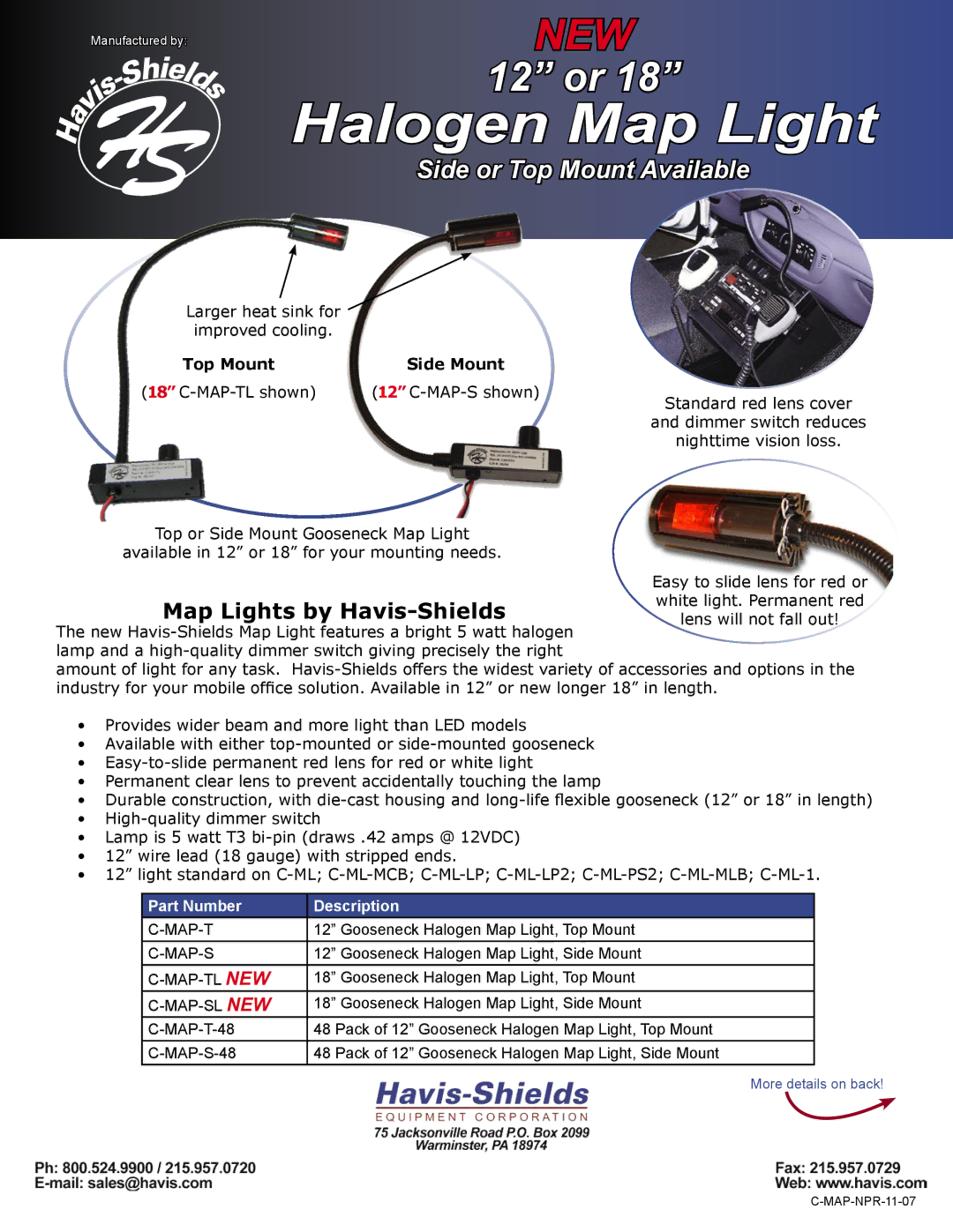 Havis-Shields C-MAP-SL, C-MAP-T manual Halogen Map Light, Side or Top Mount Available, Map Lights by Havis-Shields 