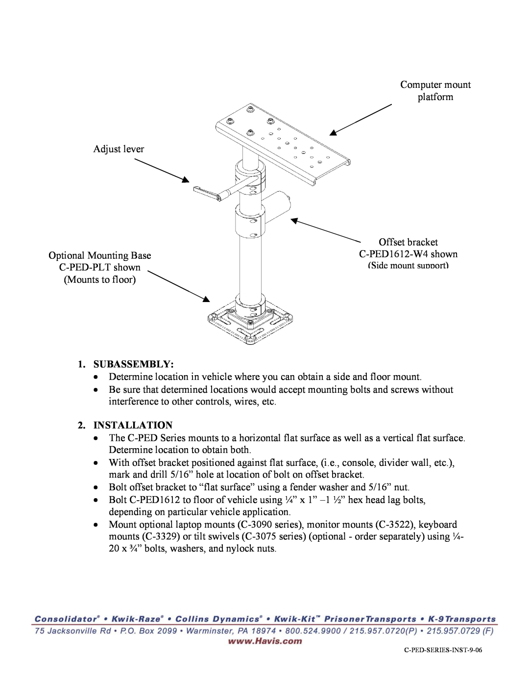 Havis-Shields C-PED Series manual Subassembly, Installation 
