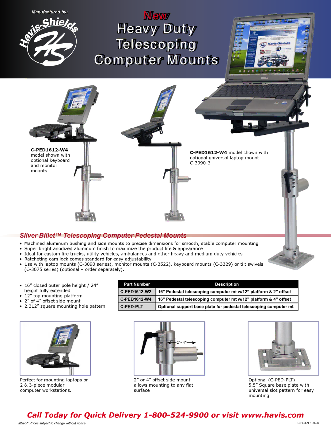 Havis-Shields C-PED1612-W4 dimensions Heavy Duty Telescoping Computer Mounts, Part Number Description, Ped-Plt 