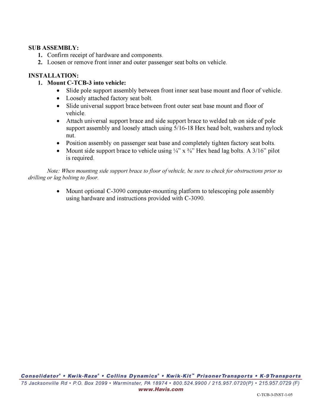 Havis-Shields manual SUB Assembly, Installation, Mount C-TCB-3 into vehicle 