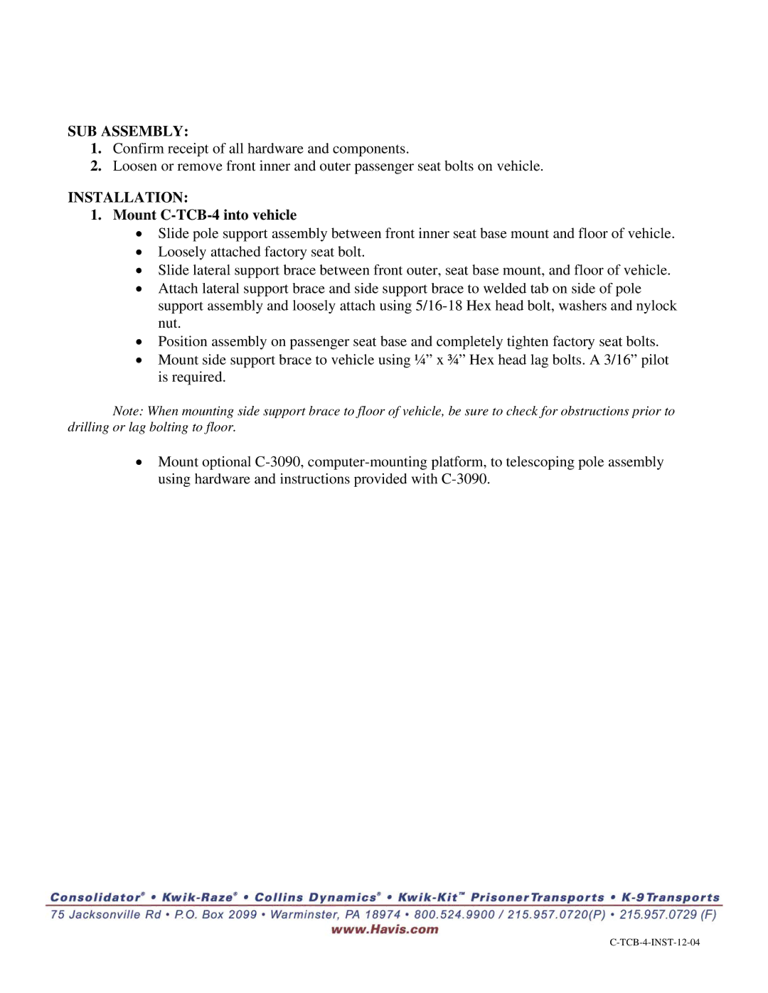 Havis-Shields manual SUB Assembly, Installation, Mount C-TCB-4 into vehicle 