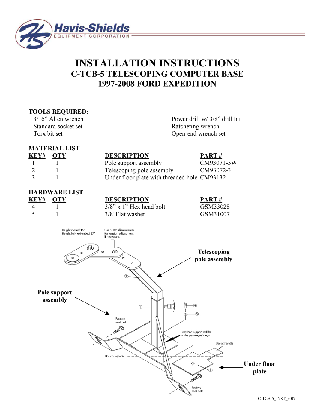 Havis-Shields C-TCB-5 installation instructions Installation Instructions, TCB-5 Telescoping Computer Base Ford Expedition 