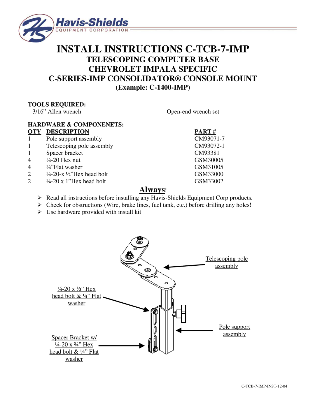 Havis-Shields manual Install Instructions C-TCB-7-IMP, Always, Example C-1400-IMP, Tools Required 