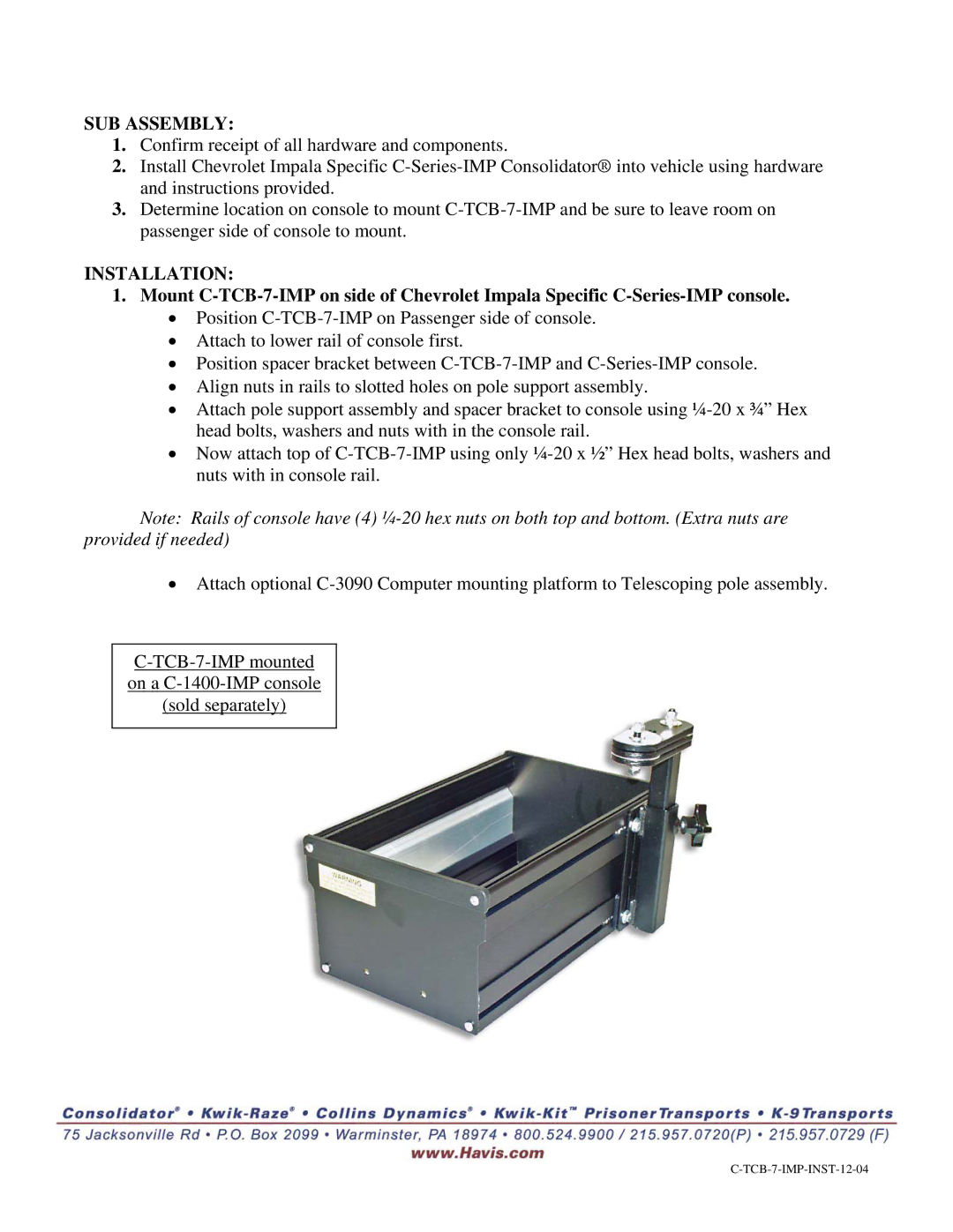 Havis-Shields C-TCB-7-IMP manual SUB Assembly, Installation 