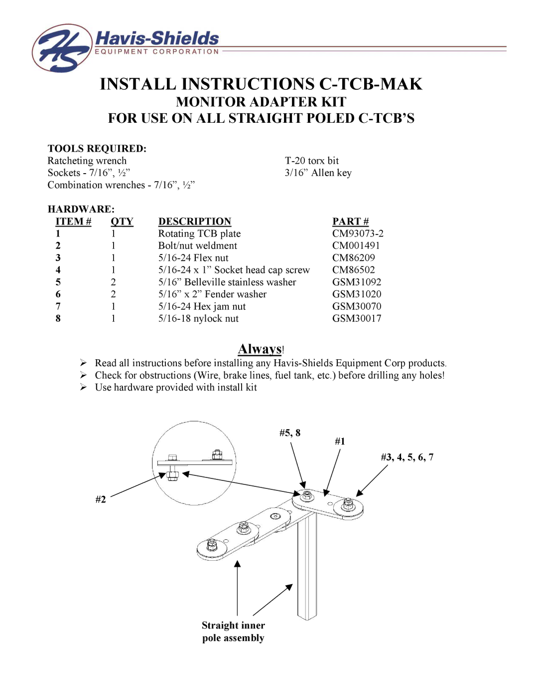 Havis-Shields manual Install Instructions C-TCB-MAK, Monitor Adapter KIT For USE on ALL Straight Poled C-TCB’S, Always 