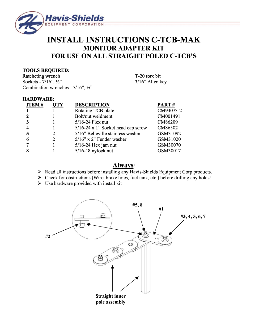 Havis-Shields C-TCB-MAK manual Tools Required, Hardware, Item #, Description, Part #, #5 #2 Straight inner pole assembly 
