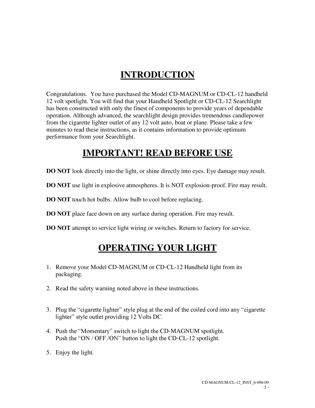 Havis-Shields CD-CL-12 manual Introduction, IMPORTANT! Read Before USE, Operating Your Light 