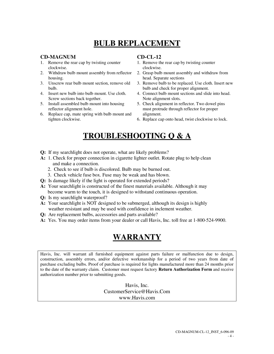 Havis-Shields CD-CL-12 manual Bulb Replacement, Troubleshooting Q & a, Warranty 