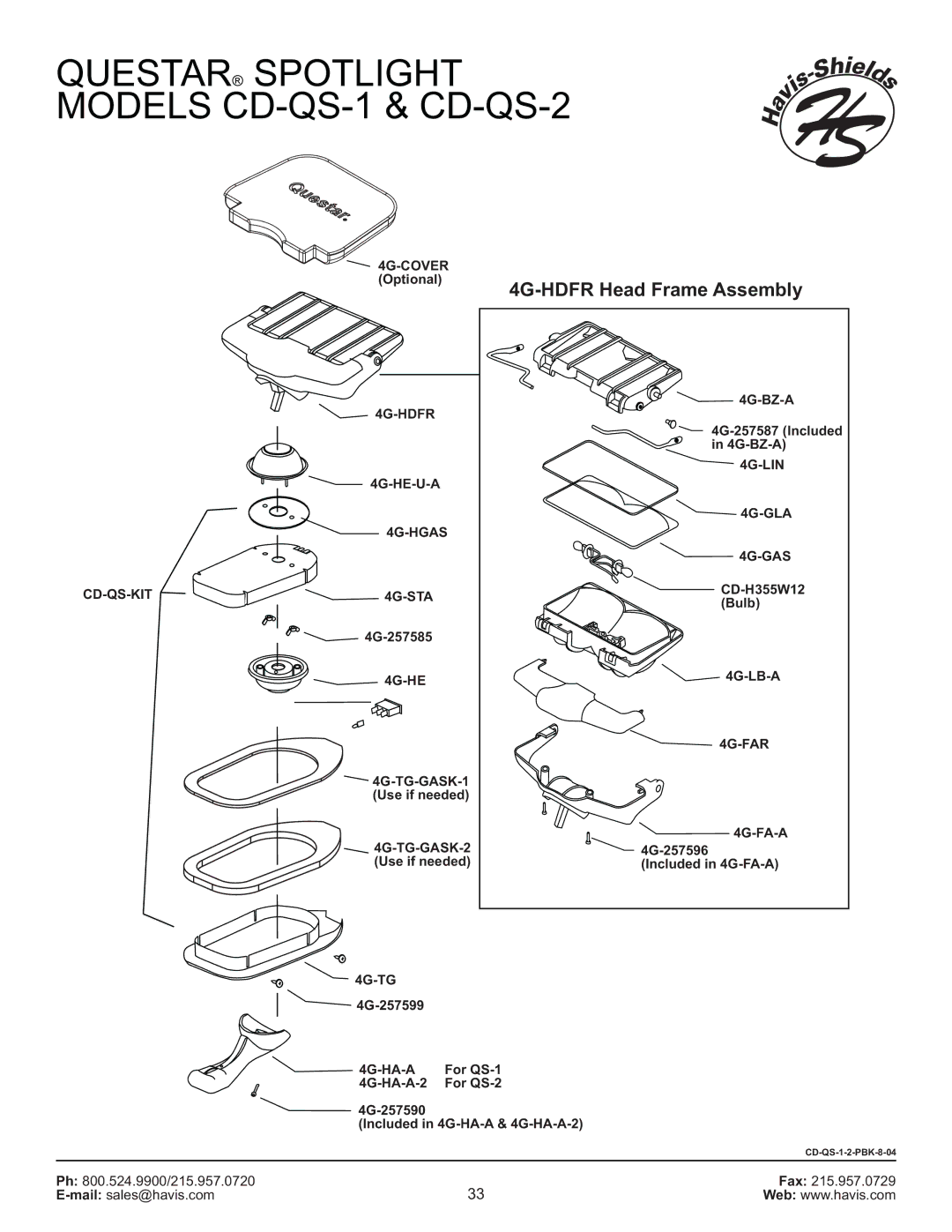 Havis-Shields manual Questar Spotlight Models CD-QS-1 & CD-QS-2, 4G-HDFR Head Frame Assembly 