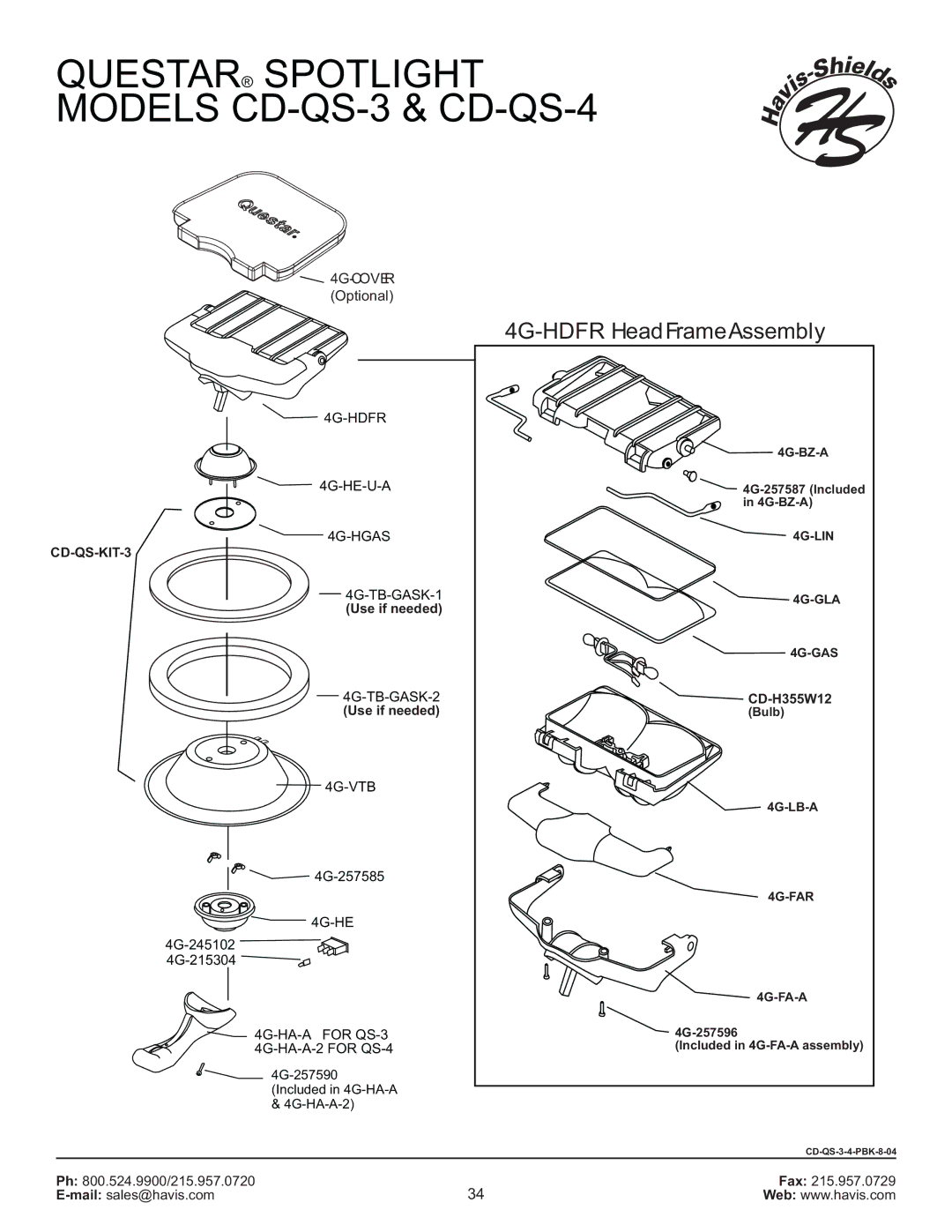 Havis-Shields manual Questar Spotlight Models CD-QS-3 & CD-QS-4, 4G-HDFR HeadFrameAssembly, CD-QS-KIT-3 