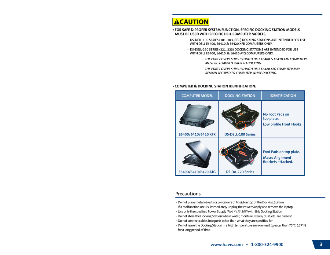 Havis-Shields DS-DELL-101-3, DS-DELL-221, DS-DELL-103 owner manual Precautions, Computer Model Docking Station Identification 