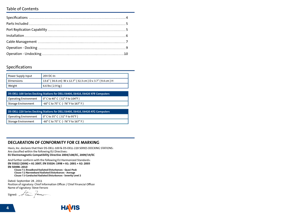 Havis-Shields DS-DELL-221, DS-DELL-103, DS-DELL-223, DS-DELL-101-3 owner manual Table of Contents, Specifications 