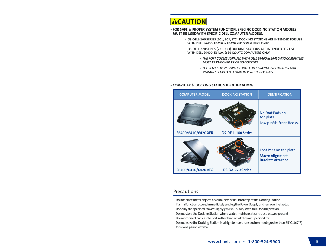 Havis-Shields DS-DELL-101-3 Precautions, Computer & Docking Station Identification, Computer Model, E6400/6410/6420 XFR 
