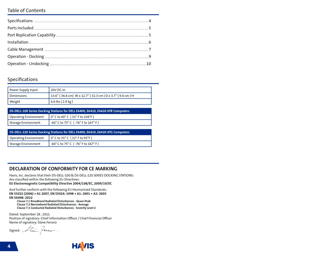 Havis-Shields DS-DELL-101, DS-DELL-221 Table of Contents, Specifications, Declaration Of Conformity For Ce Marking 